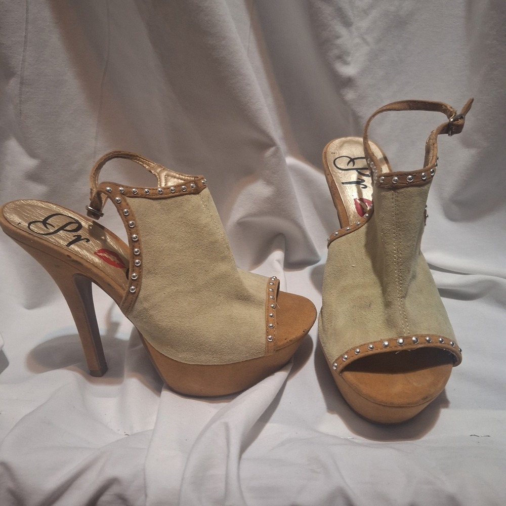 Promise Tan Suede Studded Platform Slingback Stiletto Heels Peep Toe Sandals 5.5